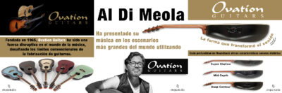 Al Di Meola, utilizando y tocando la guitarra Ovation. Se muestran los distintos modelos y características
