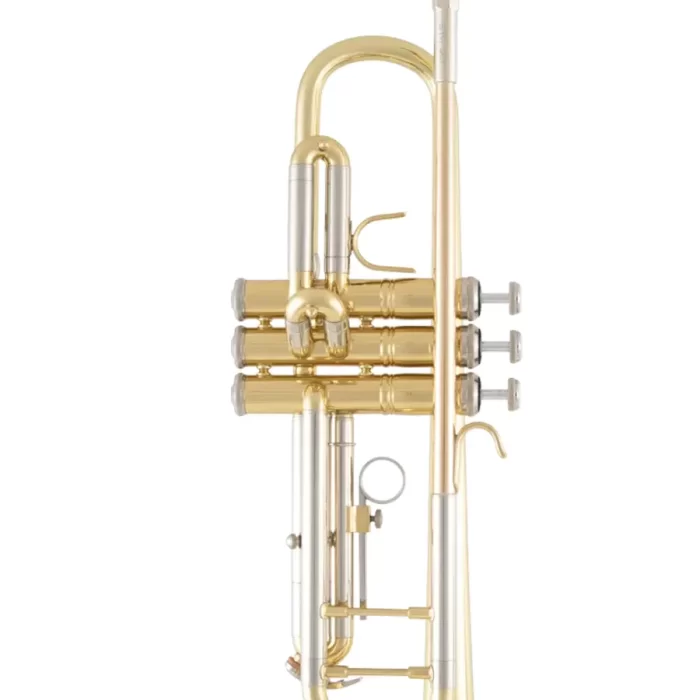 Vista lateral de la trompeta Bach BTR-301 dorada, mostrando su elegante diseño